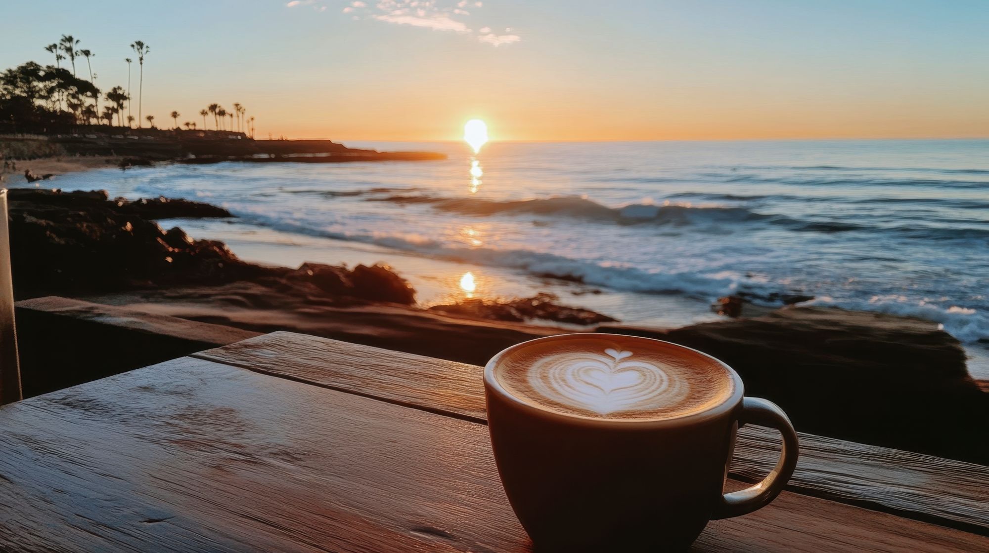 Golden hour sunset at La Jolla shoreline with a heart-latte coffee cup on a wooden table